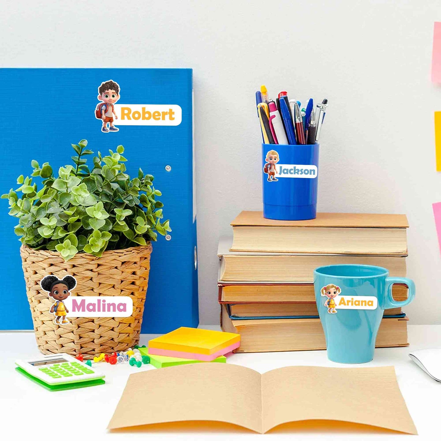 Custom Cartoon Character School Name Labels Set of 12, Cute Stickers for Notebooks, Water Bottles & Backpacks, Back to School/Birthday Gift for Kids