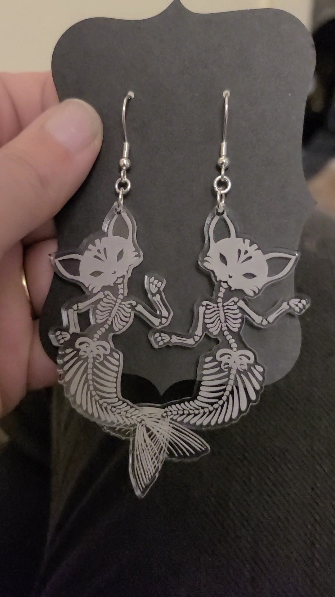 Cat Mermaid Skeleton Acrylic Earrings, Pastel Goth Purple Pink Turquoise
