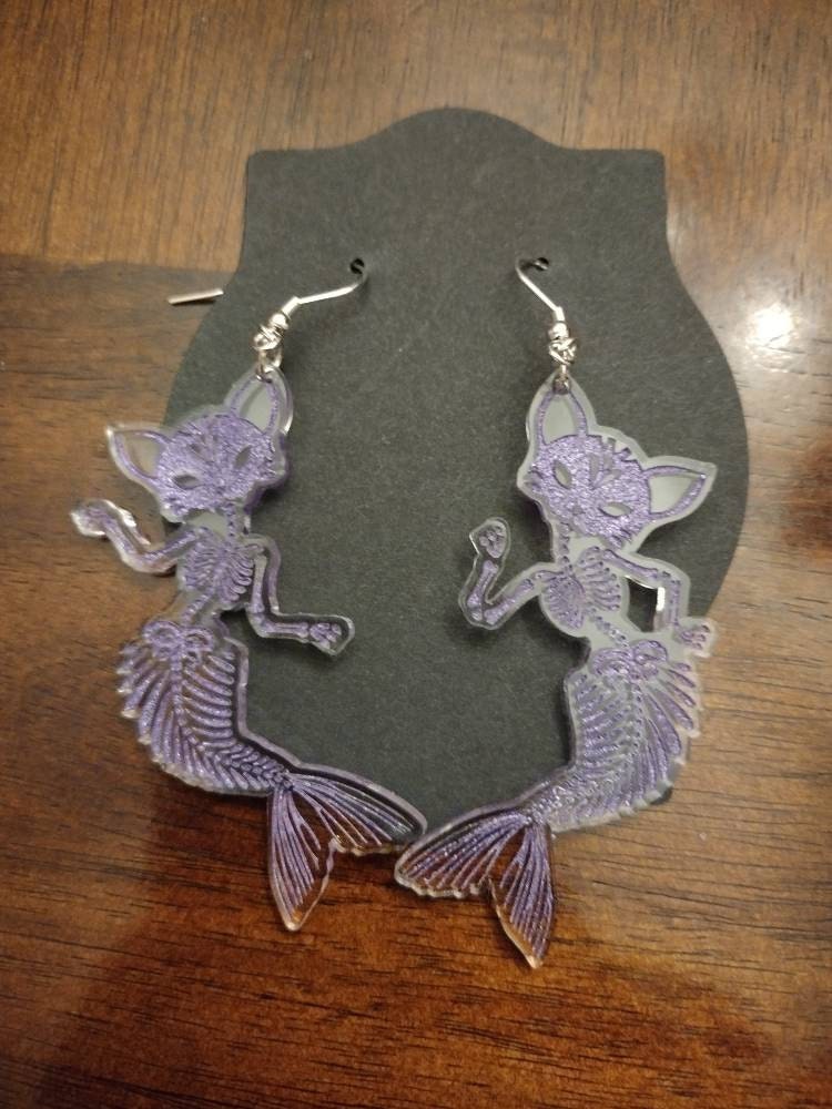 Cat Mermaid Skeleton Acrylic Earrings, Pastel Goth Purple Pink Turquoise