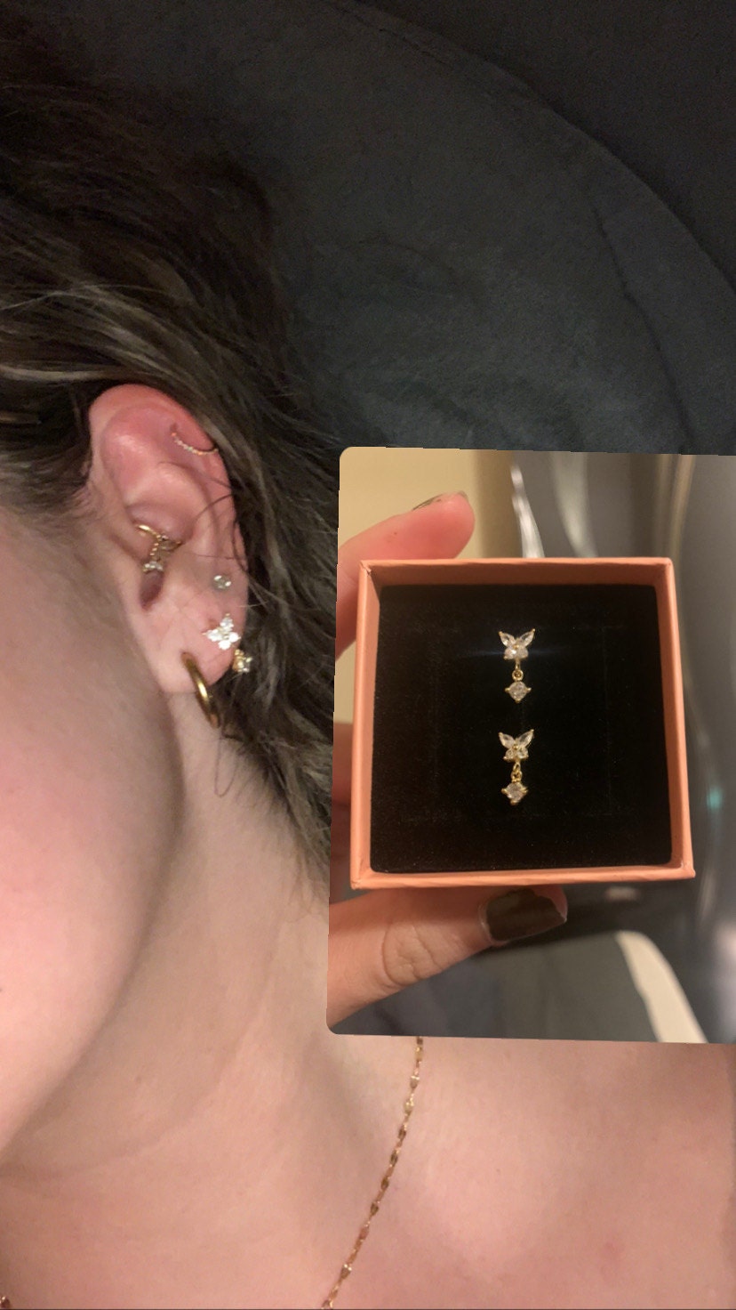 Butterfly hoop earrings - Cartilage hoop earrings - Cz dangle charm hoops - Cz earrings - Minimalist earrings - Tiny Hoop Earrings