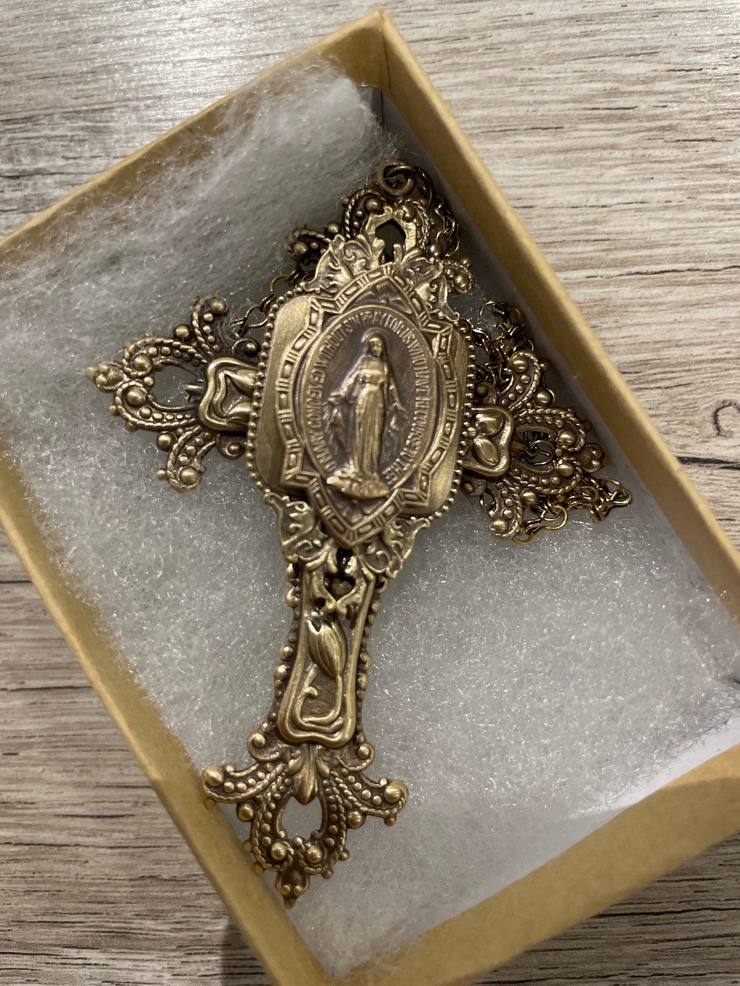 Vintage Jewelry - Large Cross Necklace - Mother Mary Necklace - Catholic Necklace - Brass Statement Necklace - Chloe's Vintage Jewelry