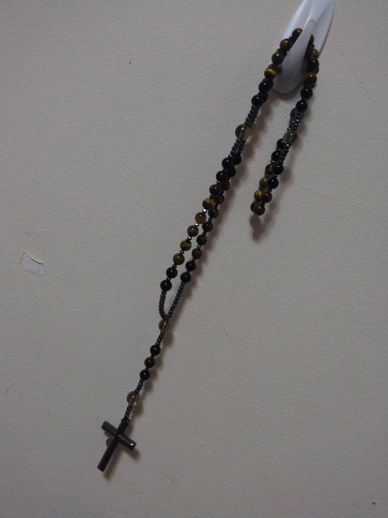 Natural Obsidian Tiger's Eye Rosary Necklace - Hematite Stone Cross Pendant Necklace Protection Necklace Amulet Gift for her, gift for him