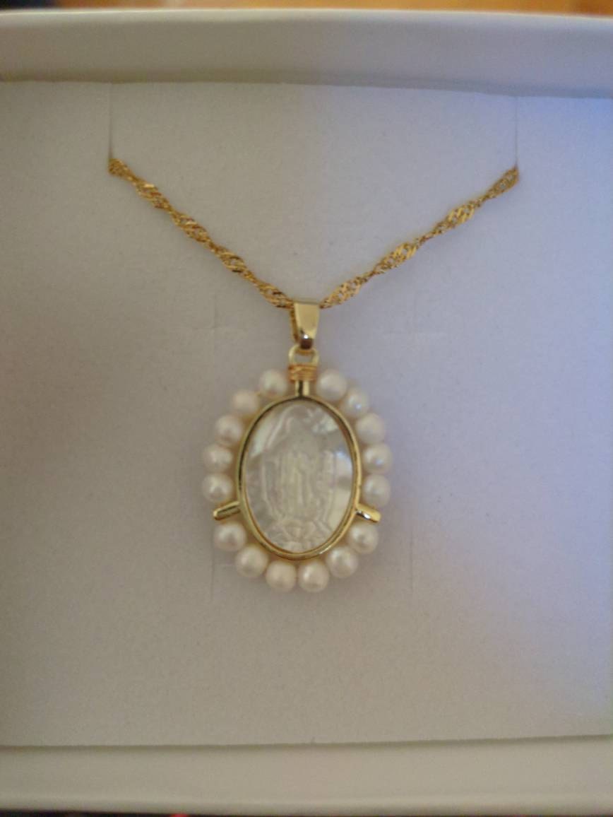 Gold Filled Mother of Pearl Virgin Mary Necklace, Gift For Mom.