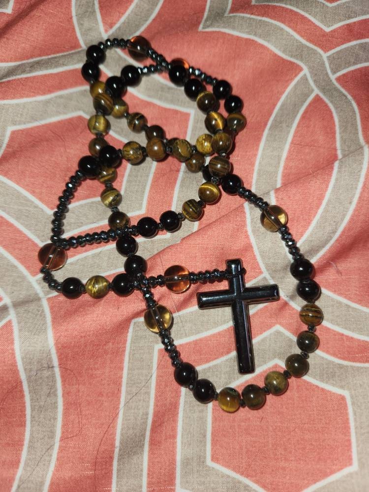 Natural Obsidian Tiger's Eye Rosary Necklace - Hematite Stone Cross Pendant Necklace Protection Necklace Amulet Gift for her, gift for him