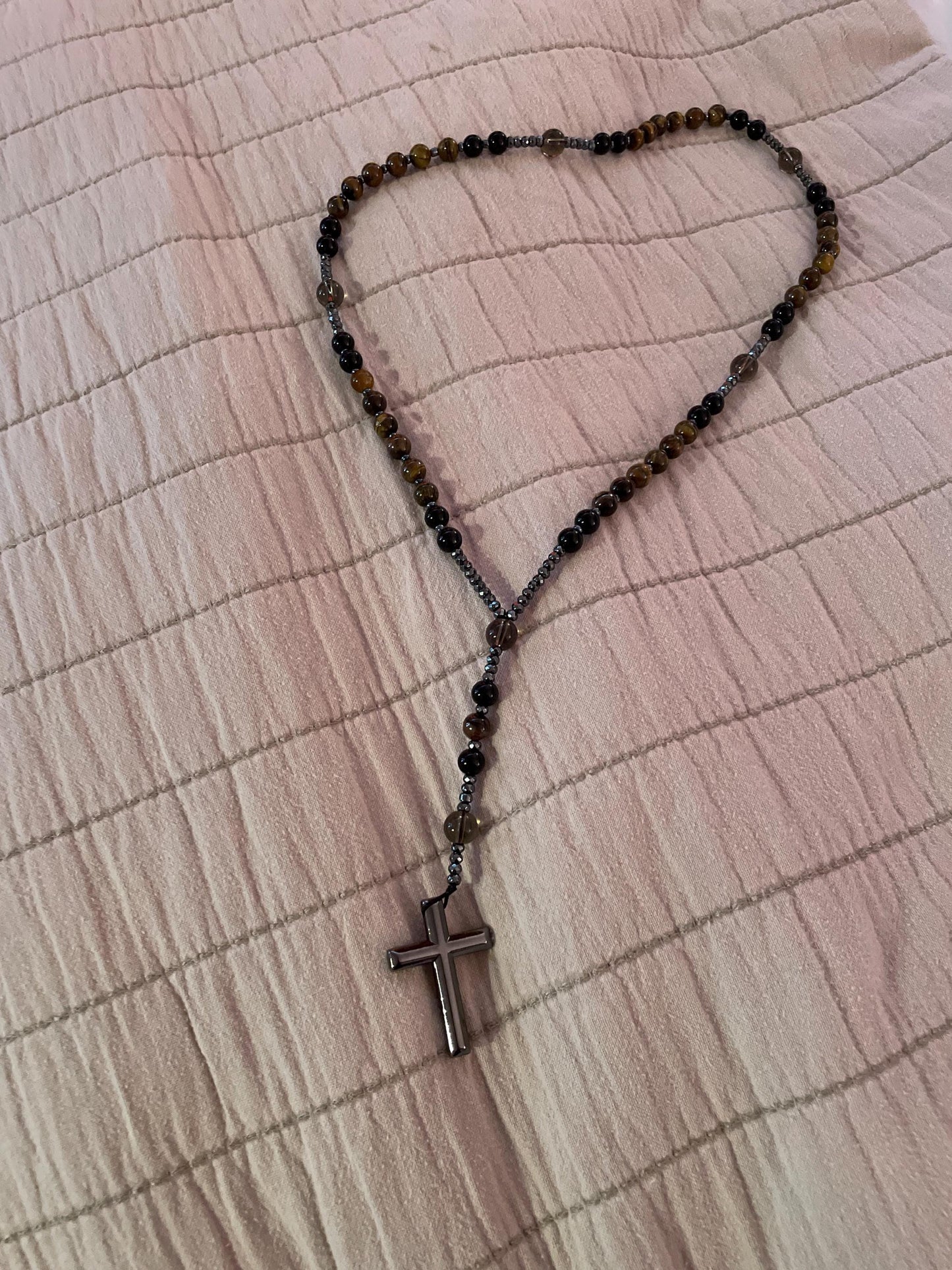 Natural Obsidian Tiger's Eye Rosary Necklace - Hematite Stone Cross Pendant Necklace Protection Necklace Amulet Gift for her, gift for him