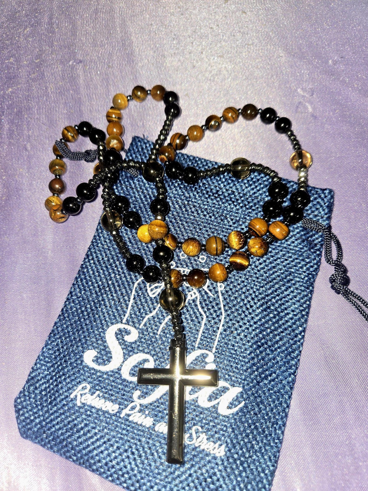 Natural Obsidian Tiger's Eye Rosary Necklace - Hematite Stone Cross Pendant Necklace Protection Necklace Amulet Gift for her, gift for him
