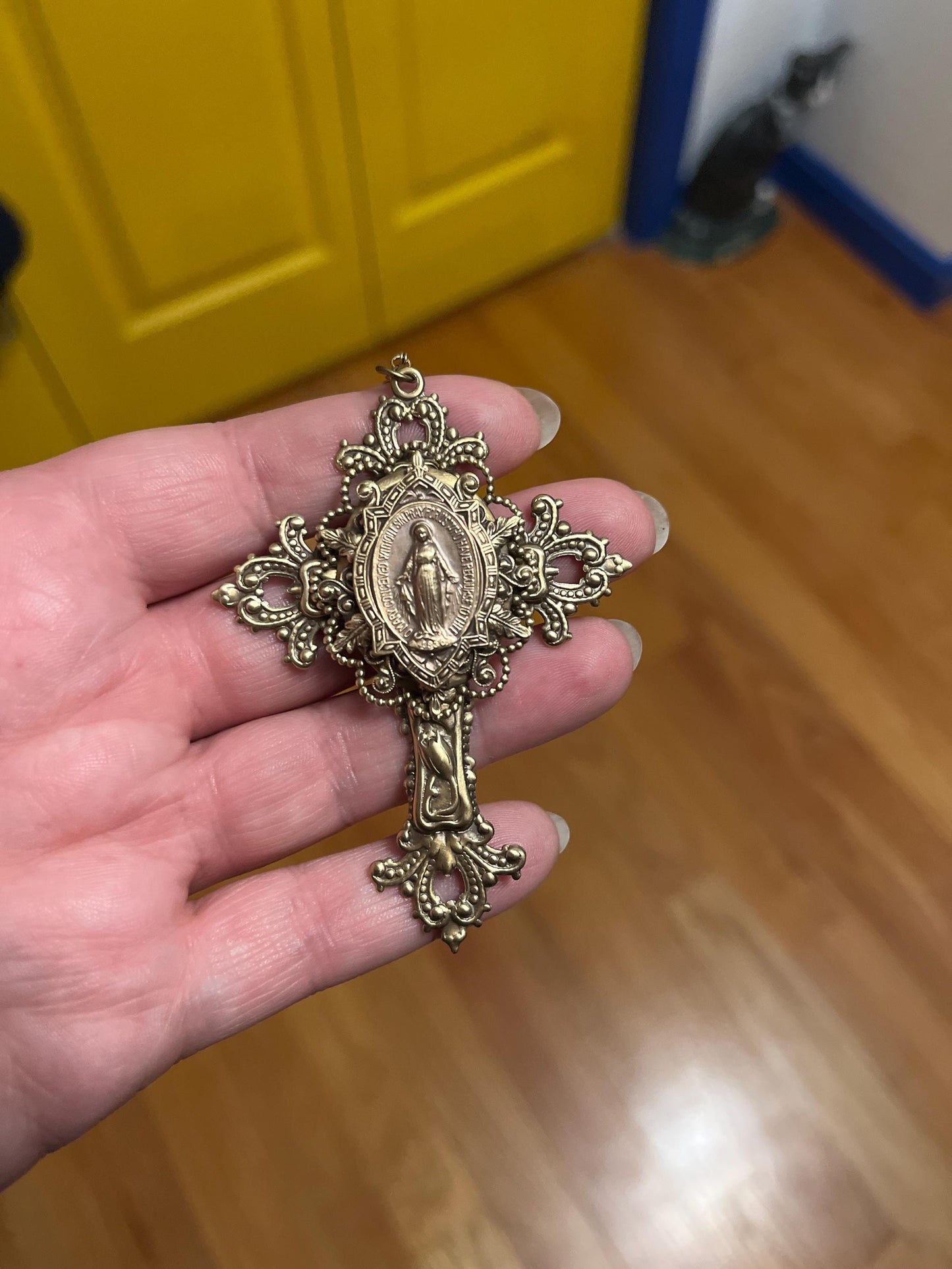Vintage Jewelry - Large Cross Necklace - Mother Mary Necklace - Catholic Necklace - Brass Necklace - Chloe's Vintage Jewelry