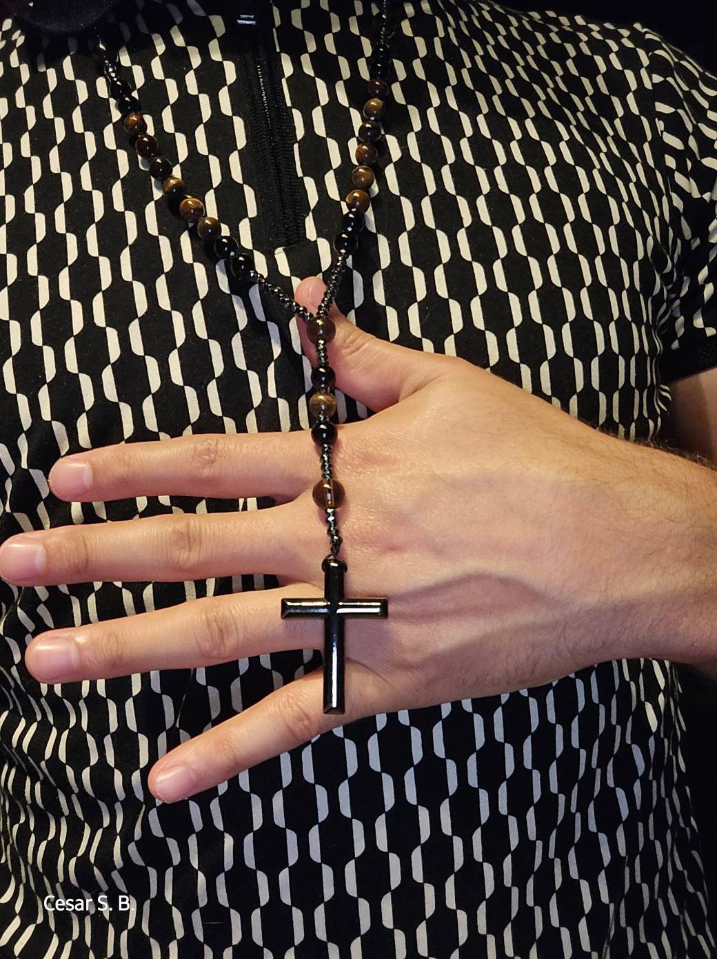 Natural Obsidian Tiger's Eye Rosary Necklace - Hematite Stone Cross Pendant Necklace Protection Necklace Amulet Gift for her, gift for him