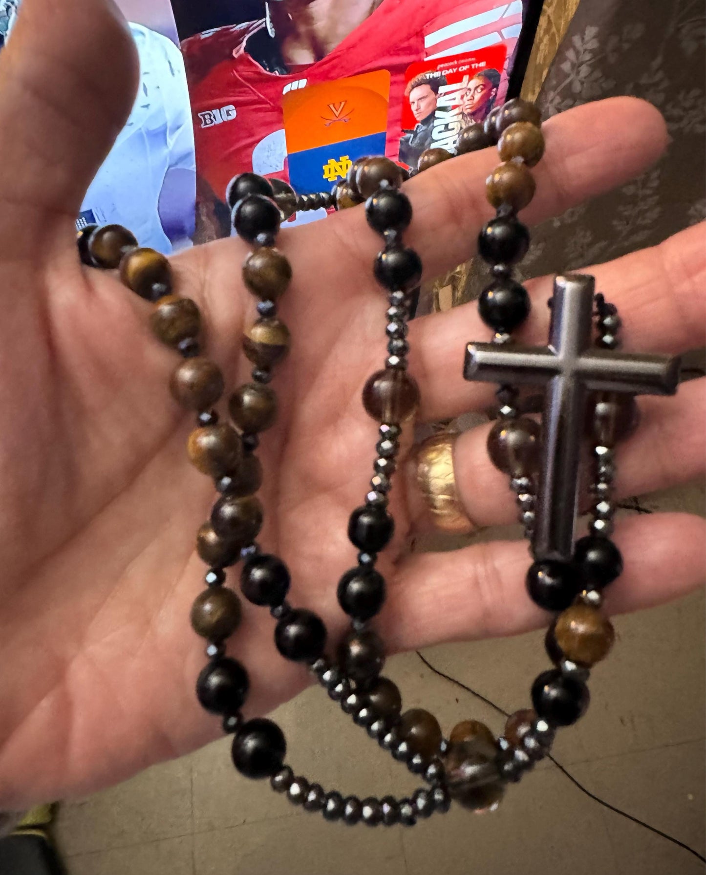 Natural Obsidian Tiger's Eye Rosary Necklace - Hematite Stone Cross Pendant Necklace Protection Necklace Amulet Gift for her, gift for him