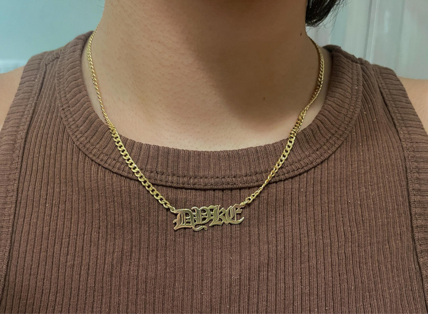 14K Gold Personalized Name Necklace with Figaro Chain, Handmade Jewelry, Personalized Christmas Gift for Mom, Custom Name Plate Necklace