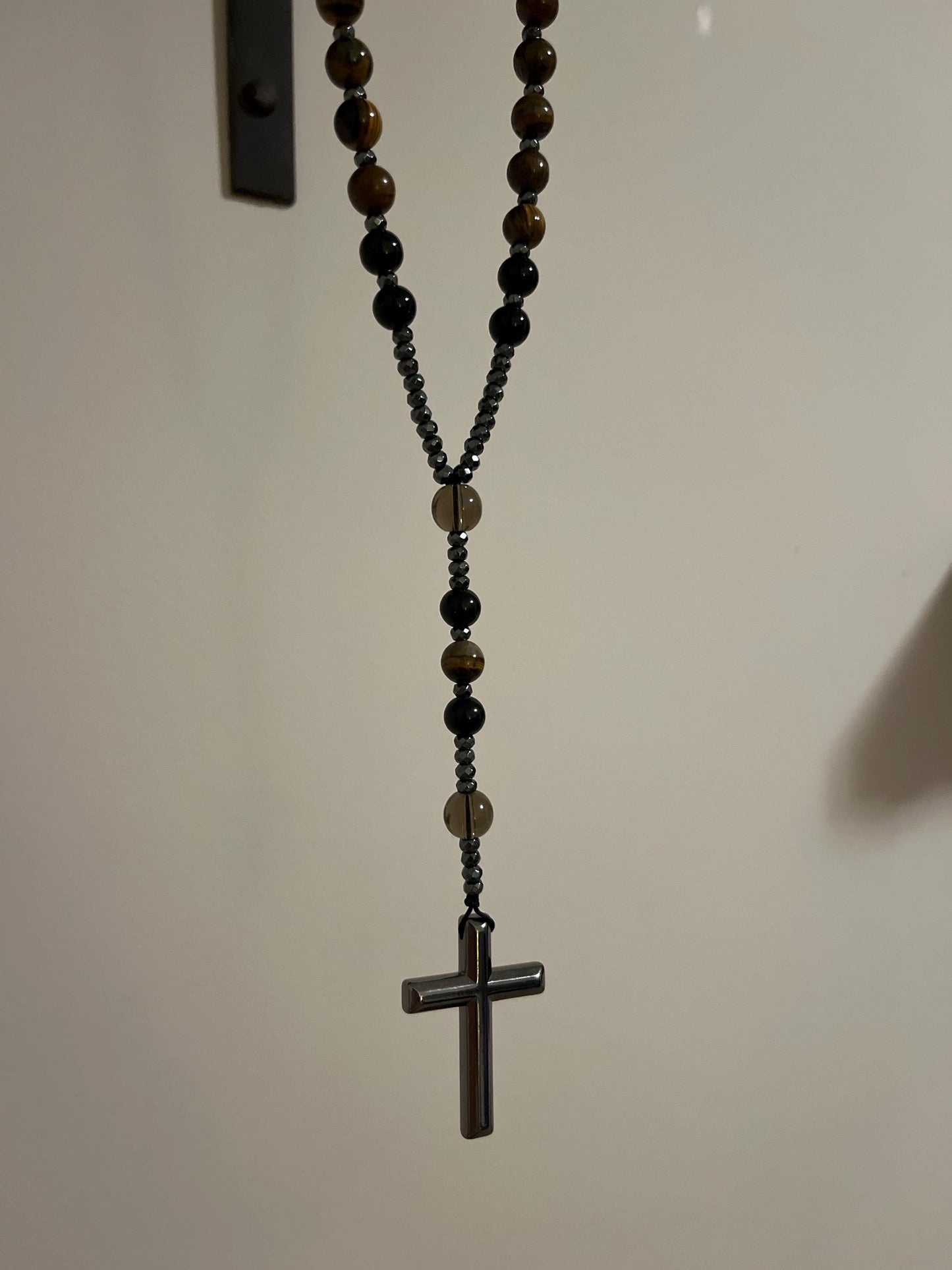 Natural Obsidian Tiger's Eye Rosary Necklace - Hematite Stone Cross Pendant Necklace Protection Necklace Amulet Gift for her, gift for him