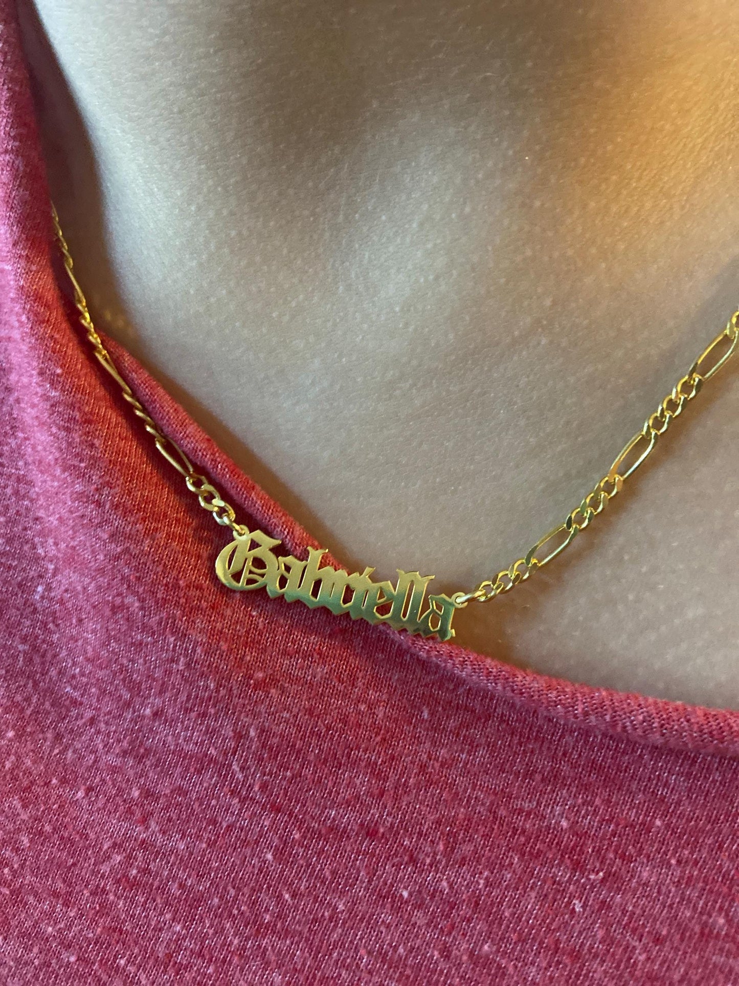 14K Gold Personalized Name Necklace with Figaro Chain, Handmade Jewelry, Personalized Christmas Gift for Mom, Custom Name Plate Necklace