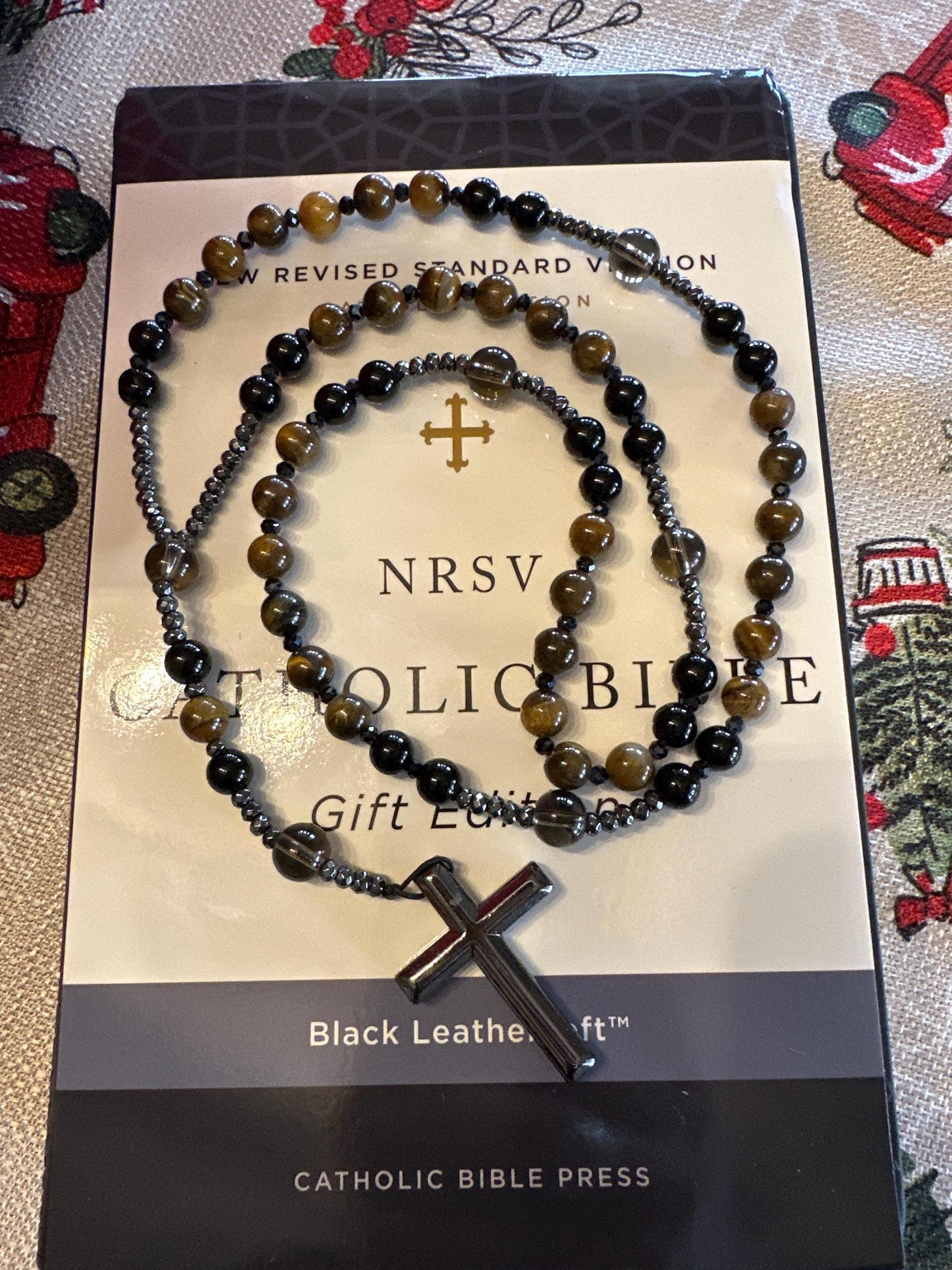 Natural Obsidian Tiger's Eye Rosary Necklace - Hematite Stone Cross Pendant Necklace Protection Necklace Amulet Gift for her, gift for him