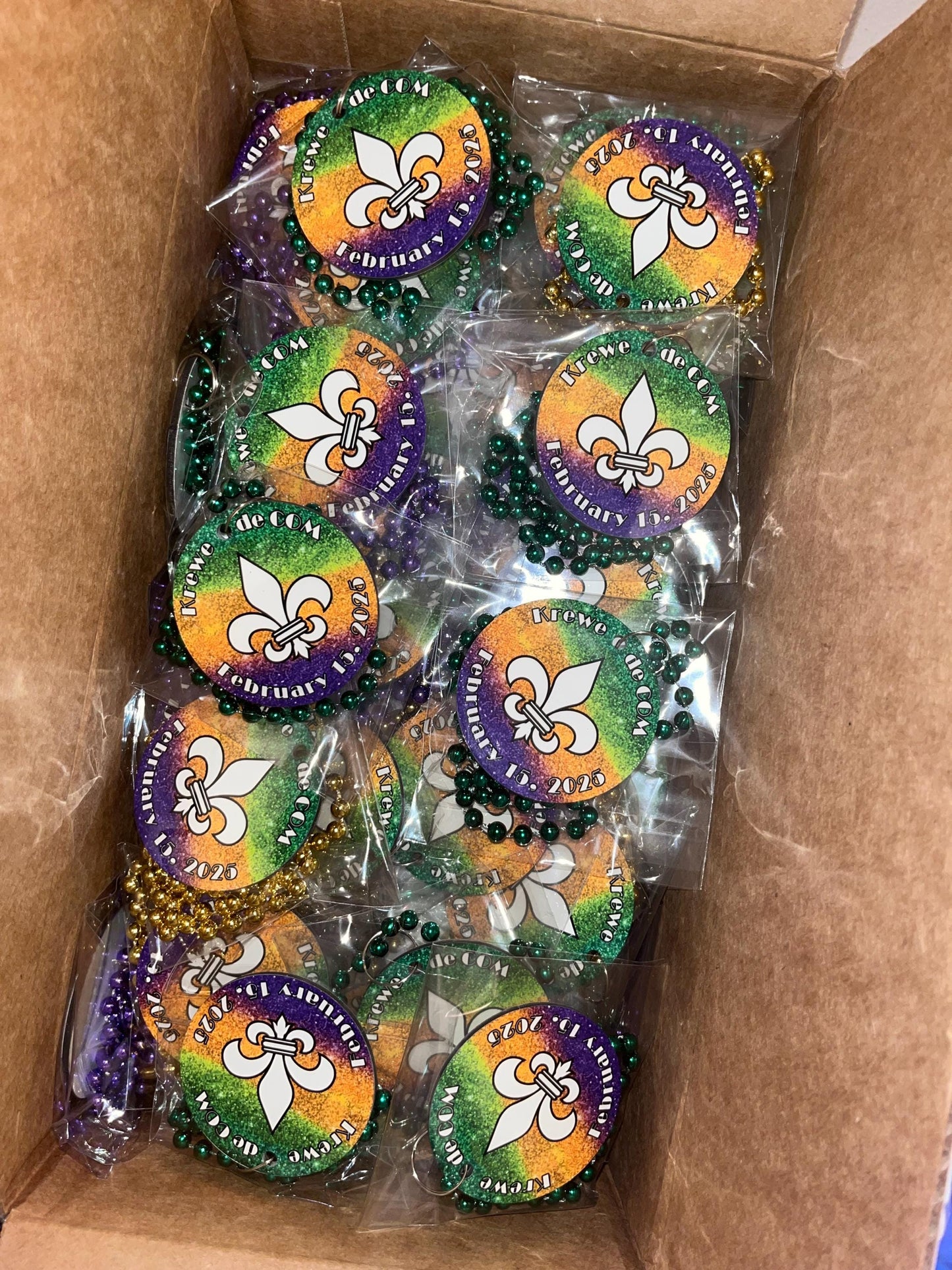 SINGLE-SIDED Mardi Gras Necklace Medallions - Customized with Full Color artwork (use a pre-made design or send in your own).  Bulk packs.