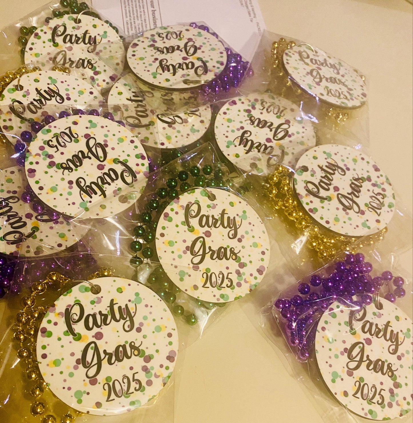 SINGLE-SIDED Mardi Gras Necklace Medallions - Customized with Full Color artwork (use a pre-made design or send in your own).  Bulk packs.