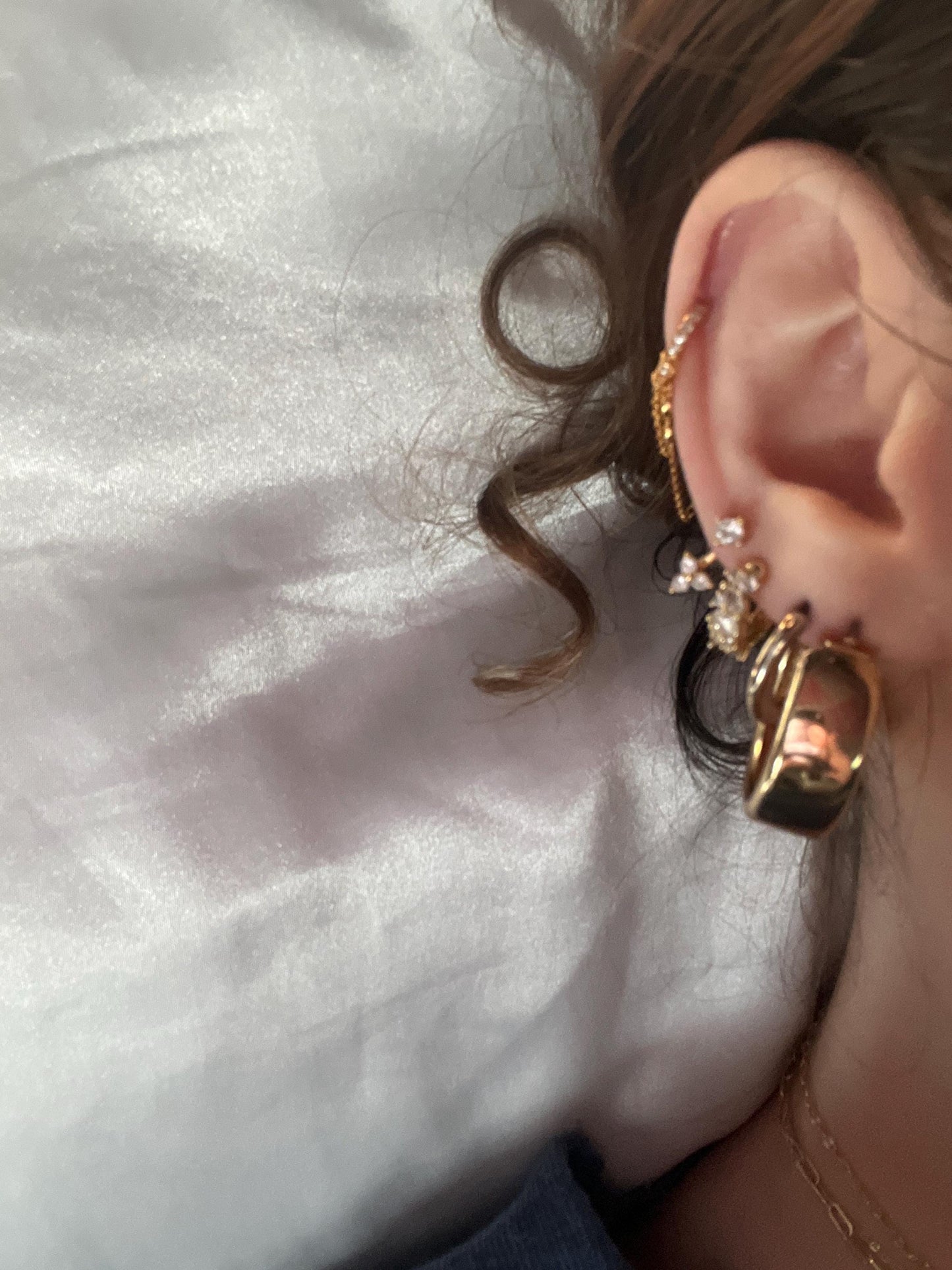 Dainty Pave CZ Helix Huggie Hoop Earrings With 2 Dangling Chains With Bezel CZ