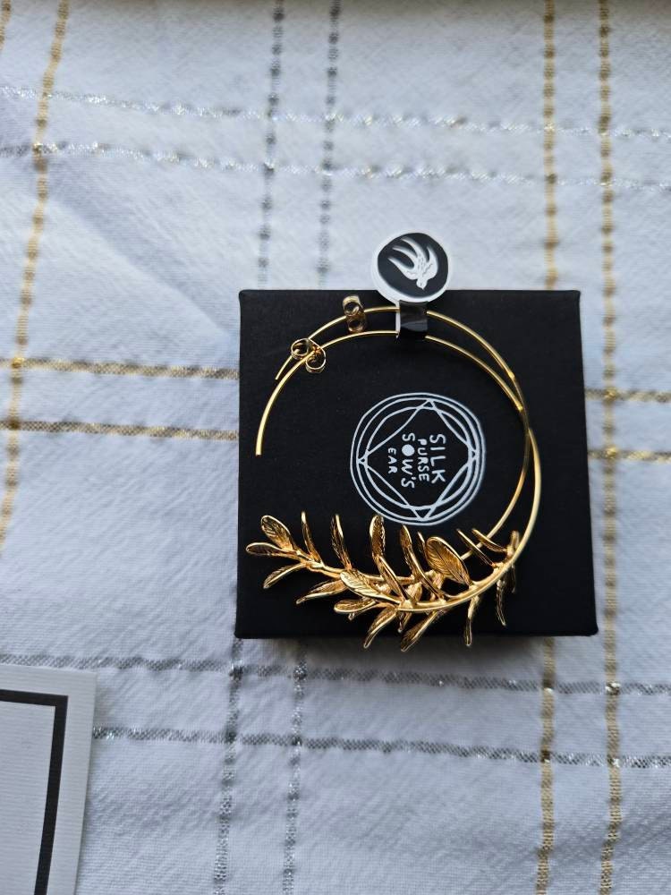 Rosemary Leaf Hoop Earrings, Gold Silver Leaf Hoop Earrings, Realistic Twig Branch Earrings, Gift for Best Friend, 30th Birthday Gift