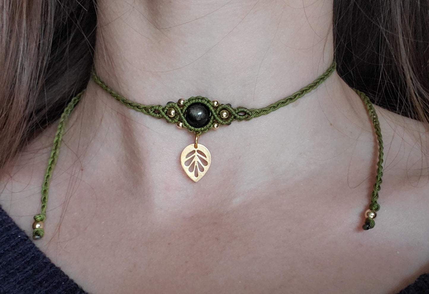 Leaf - Healing Crystal Macrame Choker, boho hippie choker necklace, bohemian jewelry, leaf jewelry, customizable choker, elven jewelry