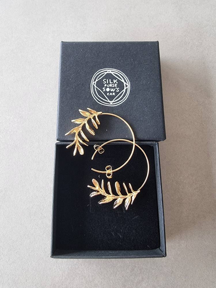 Rosemary Leaf Hoop Earrings, Gold Silver Leaf Hoop Earrings, Realistic Twig Branch Earrings, Gift for Best Friend, 30th Birthday Gift