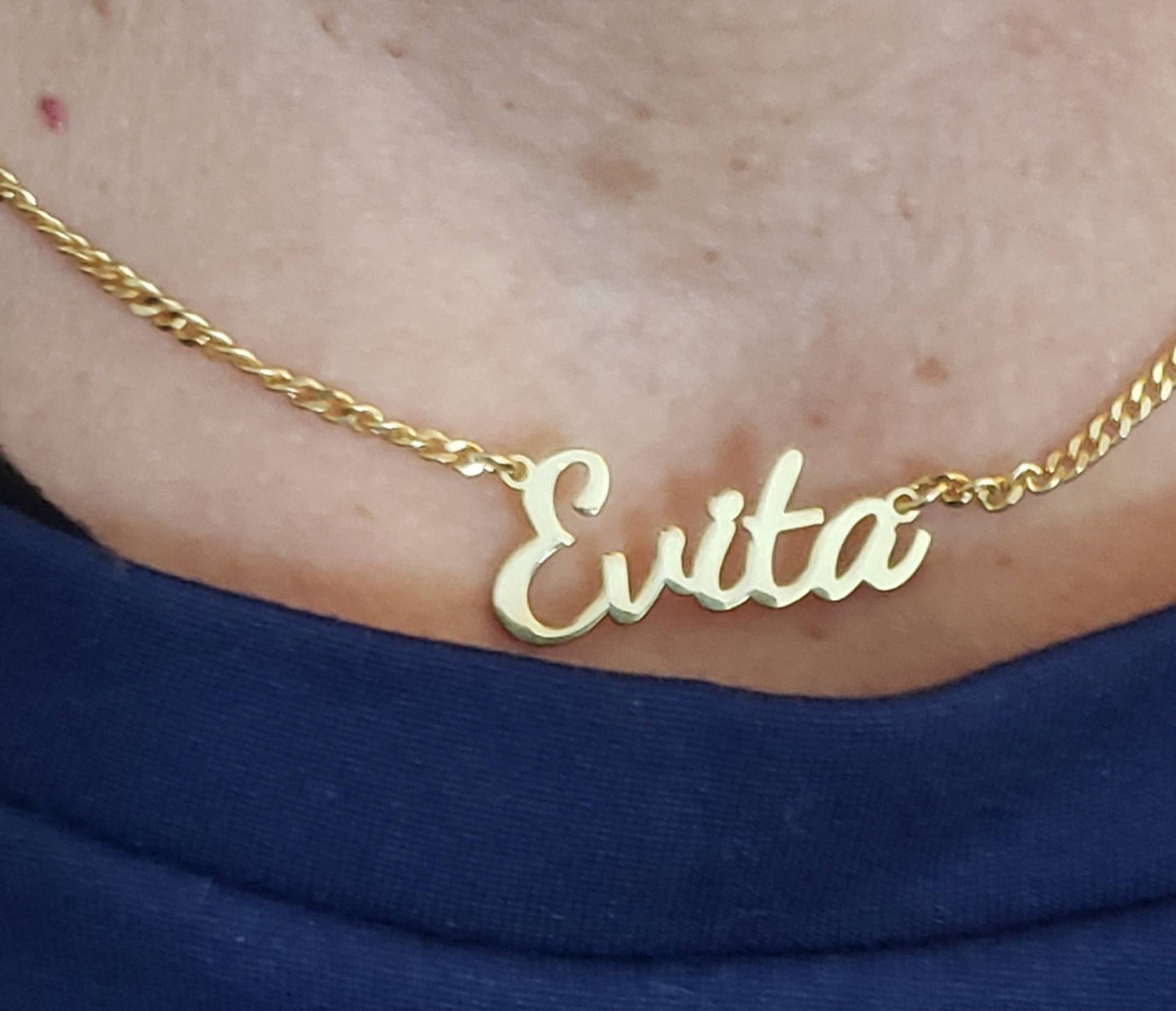 14K Gold Personalized Name Necklace with Figaro Chain, Handmade Jewelry, Personalized Christmas Gift for Mom, Custom Name Plate Necklace