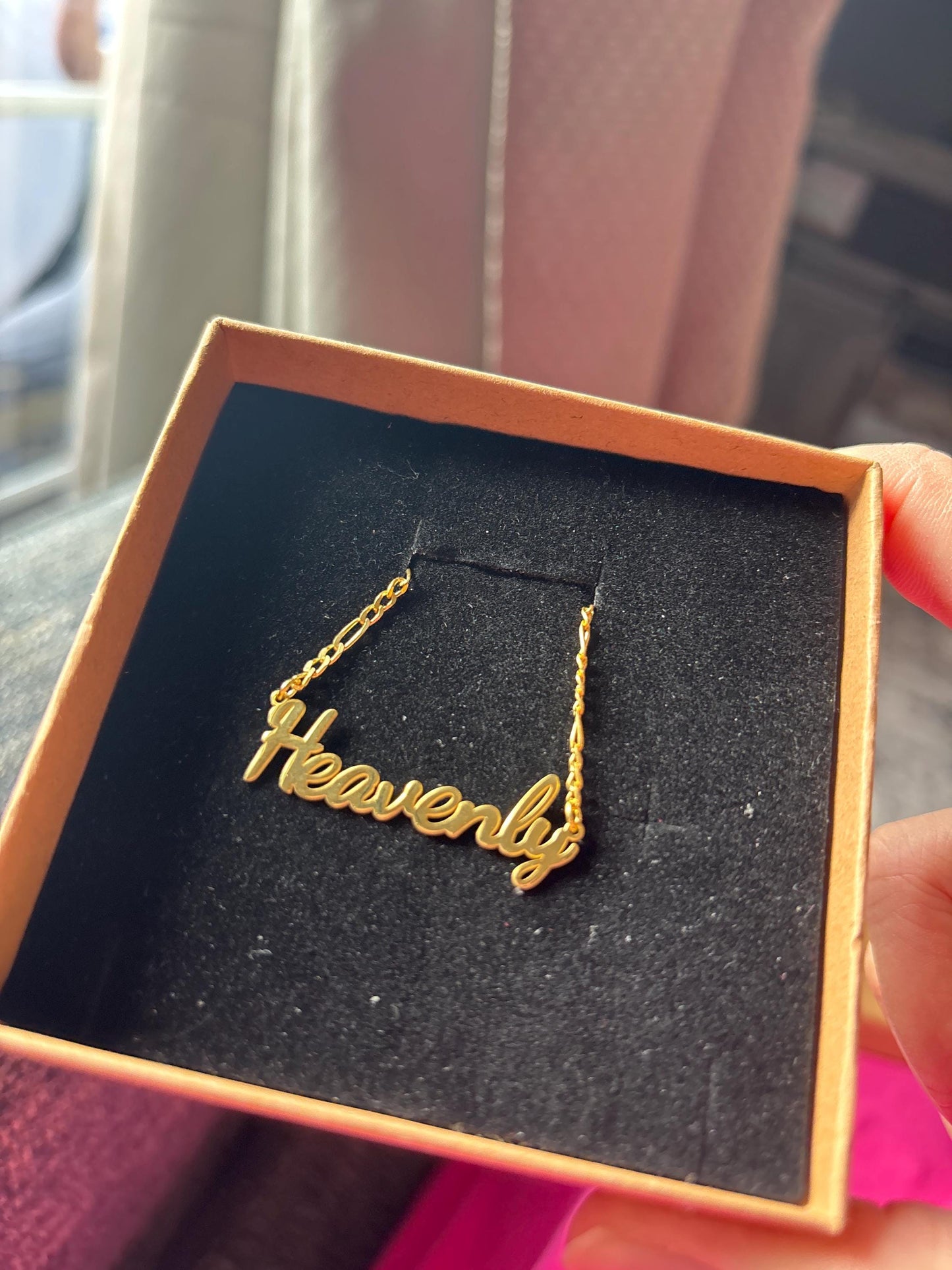 14K Gold Personalized Name Necklace with Figaro Chain, Handmade Jewelry, Personalized Christmas Gift for Mom, Custom Name Plate Necklace