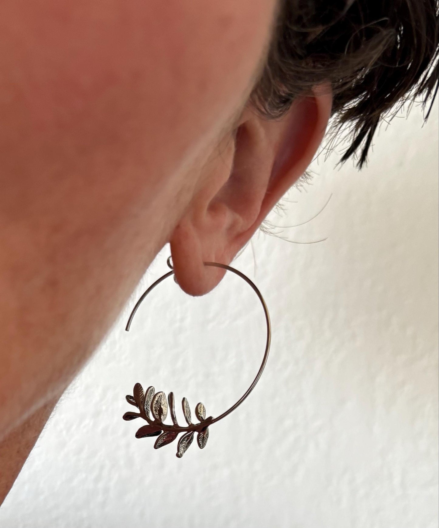 Rosemary Leaf Hoop Earrings, Gold Silver Leaf Hoop Earrings, Realistic Twig Branch Earrings, Gift for Best Friend, 30th Birthday Gift