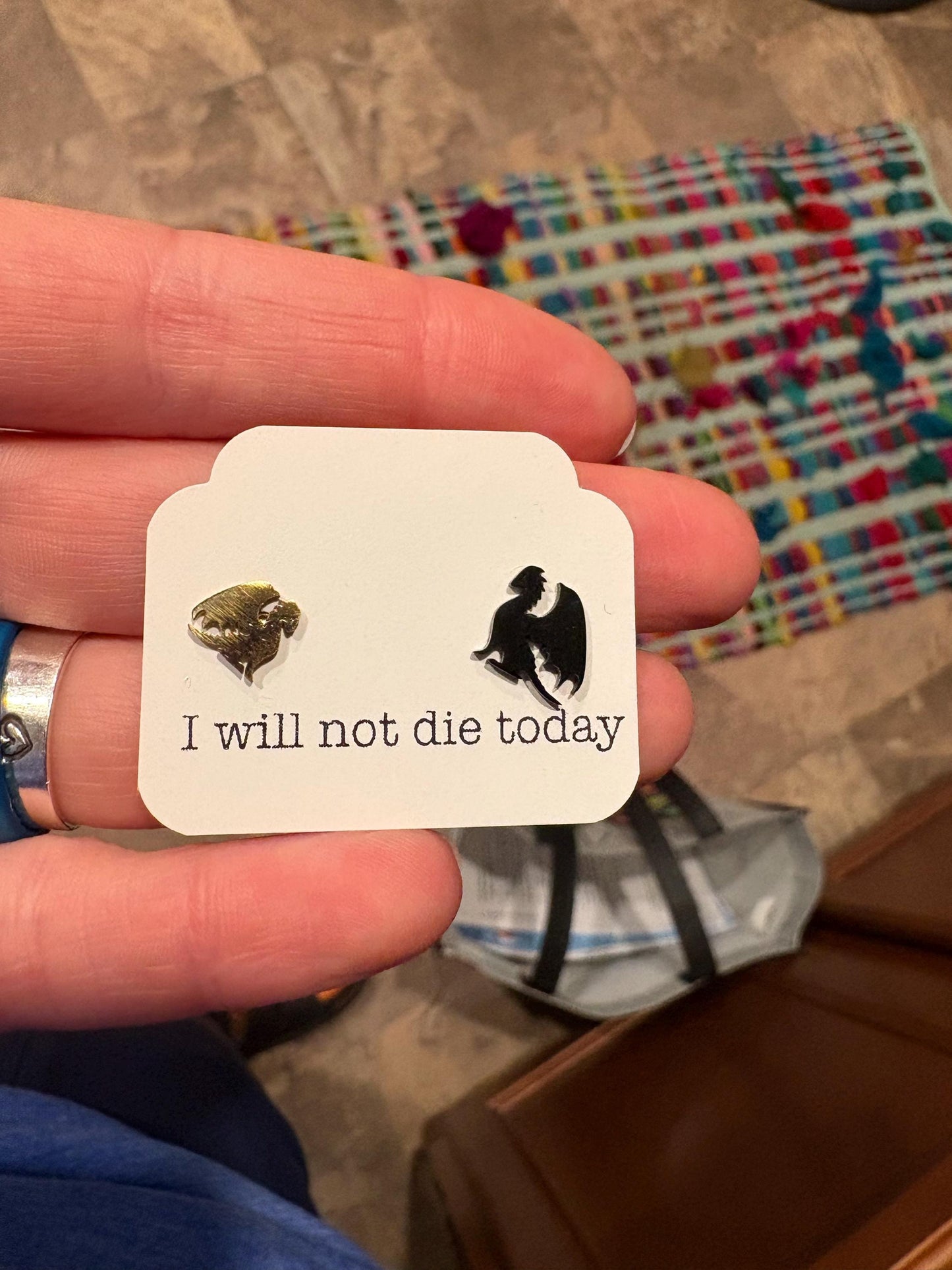 I Will Not Die Today Gold and Black Dragon Stud Earrings, Hypoallergenic Stainless Steel Jewelry, Romantasy Book, Dragon Rider
