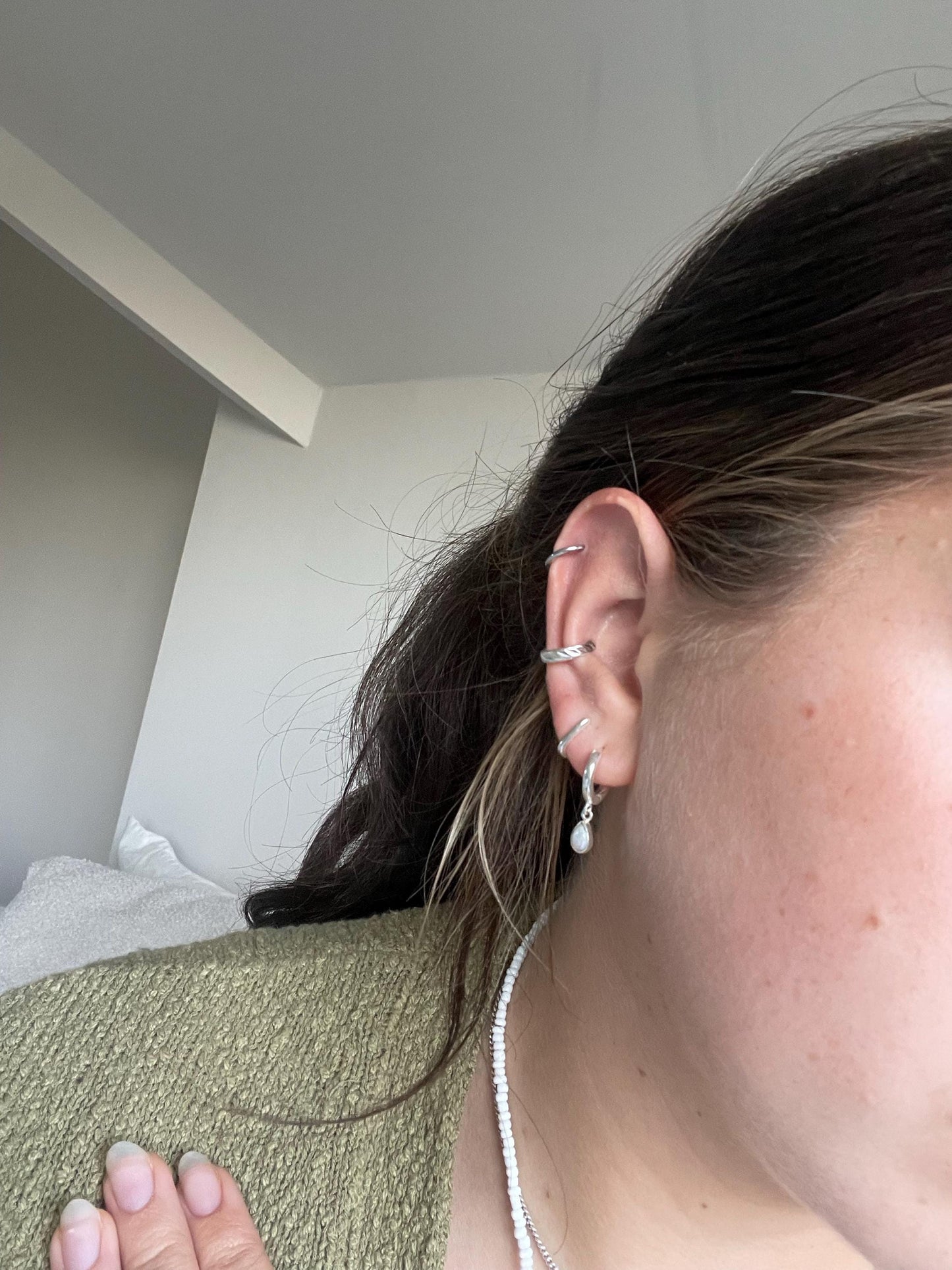 Minimalist & Tiny Second Hole Helix Silver Hoop Earrings - Two sizes available: 6 mm and 9 mm