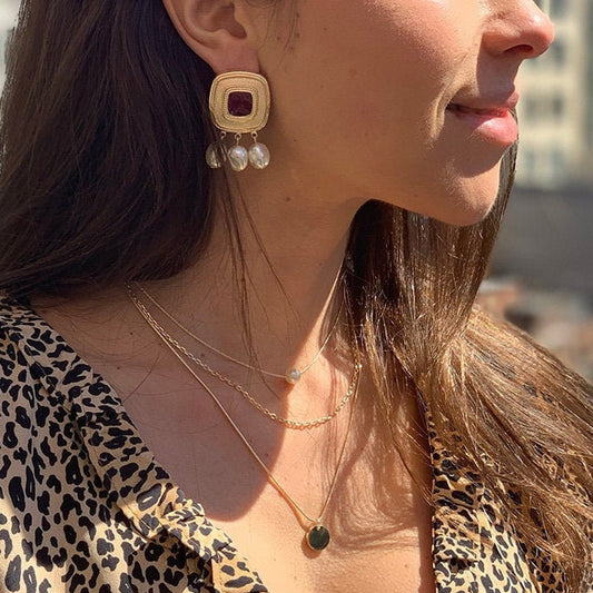 Square drop pearl earrings - Vintage style pearl earrings - Unique earrings - Pearl dangle earrings -Vintage gold earrings MK