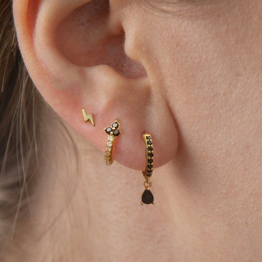 Black cz charm hoops - Dangle hoop earrings - Sterling Silver Minimalist earrings - Tiny Huggie hoop earring