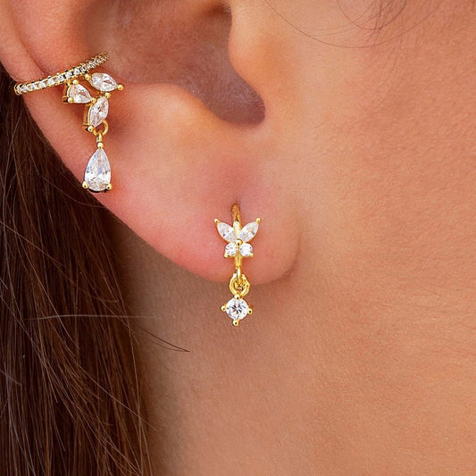 Dainty CZ Butterfly Shaped Huggie Hoop Earrings With Dangling Charm