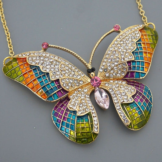Statement Necklace - Vintage Inspired Necklace - Butterfly Necklace - Gold Necklace - Colorful Necklace - Crystal Necklace