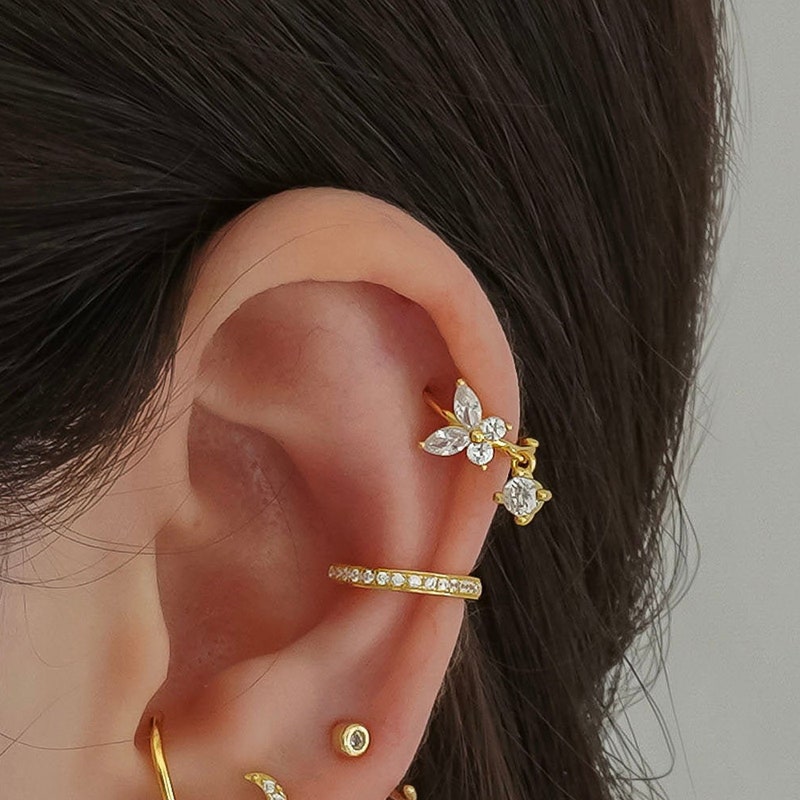Butterfly hoop earrings - Cartilage hoop earrings - Cz dangle charm hoops - Cz earrings - Minimalist earrings - Tiny Hoop Earrings