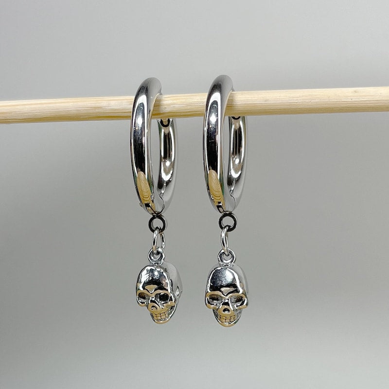 Pair of 316L Surgical Steel Hoop Earrings with Skull Dangle • 20ga