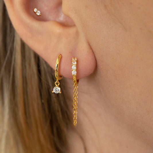 Chain hoop earrings - Cz huggie hoop - Hoop earring with chain - Chain hoop -Hoop earring - Chain earrings -Silver hoop - huggie hoop
