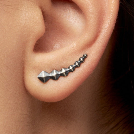Black Silver Ear Climber Earrings · Minimalist Pyramid Ear Crawler · 925 Sterling Silver Earrings Fashion Jewelry Gift for Her - FES010