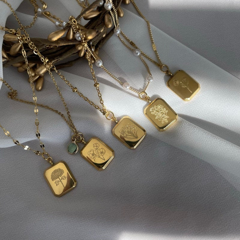 18K GOLD Birth Month Flower Necklace Birth Flower Square Zodiac Lotus Floral Pendant WATERPROOF Jewelry Birthday Gift for Her