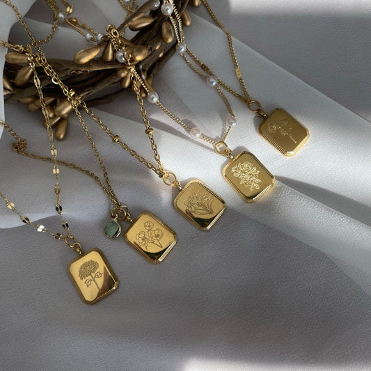 18K GOLD Birth Month Flower Necklace Birth Flower Square Zodiac Lotus Floral Pendant WATERPROOF Jewelry Birthday Gift for Her