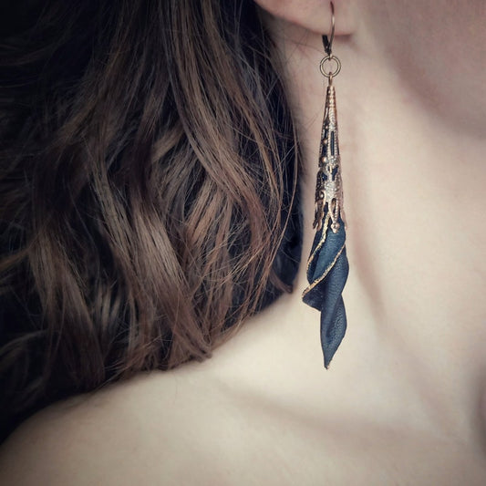 Gothic filigree long cone earrings genuine leather, Flower victorian dangle earrings, White, black, beige, Handmade jewelry, Gift for woman