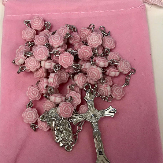 Pink Rosebud Rosary Necklace, Catholic Handmade Cross Necklace with Flannel Bag, Memorial Gift for Women