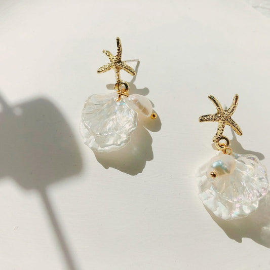 Gold Starfish Earrings/Sea Shell Pearl Dangle Earrings/Starfish With Seashell Earrings/Summer Earrings/Beach and Tropical Gifts