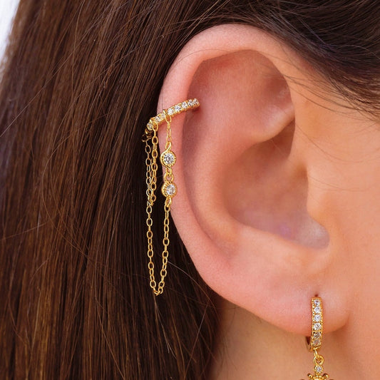 Dainty Pave CZ Helix Huggie Hoop Earrings With 2 Dangling Chains With Bezel CZ