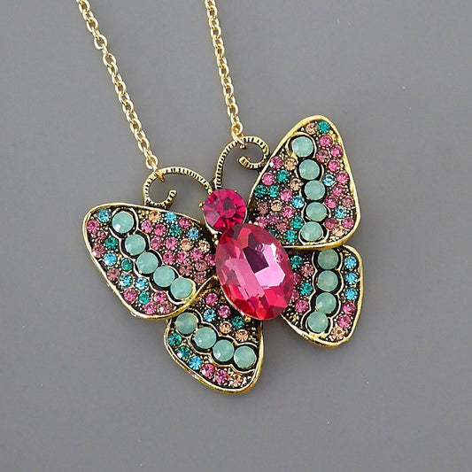 Statement Necklace - Crystal Necklace - Pink Crystal Butterfly - Gold Necklace- Colorful Necklace - Insect Jewelry