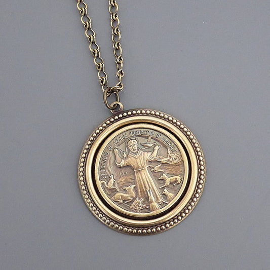 Vintage Jewelry - Vintage Necklace - Saint Francis necklace - Brass Necklace - Religious jewelry - Catholic necklace - handmade jewelry