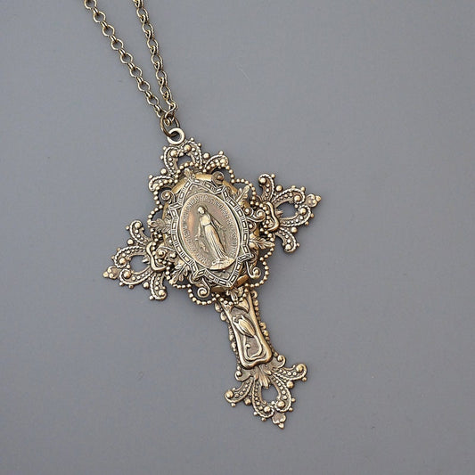 Vintage Jewelry - Large Cross Necklace - Mother Mary Necklace - Catholic Necklace - Brass Necklace - Chloe's Vintage Jewelry