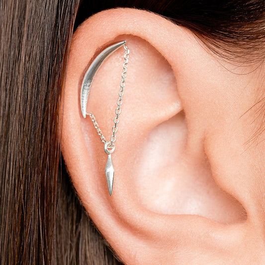 Top Helix Chain Piercing •  Hanging Pendulum Helix Earring • Crescent Moon Cartilage Earring • 18G 16G • Silver Hidden Helix - CRT012
