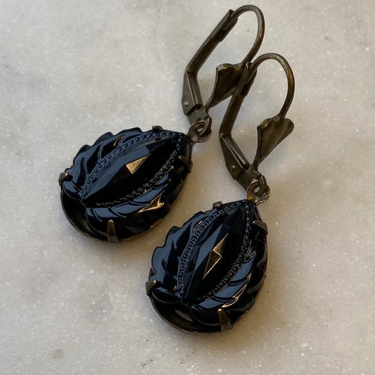 Vintage West German Jet Black Onyx  Leaf 18 x 13 mm Faceted Glass Earrings