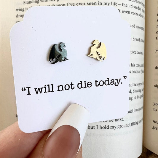 I Will Not Die Today Gold and Black Dragon Stud Earrings, Hypoallergenic Stainless Steel Jewelry, Romantasy Book, Dragon Rider