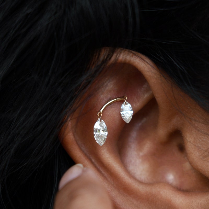 Double Floating Marquise Lab Diamond Stud Earring, Hidden Helix Piercing, 16g Threaded Flatback Stud, 14k 18k Solid Gold Jewelry