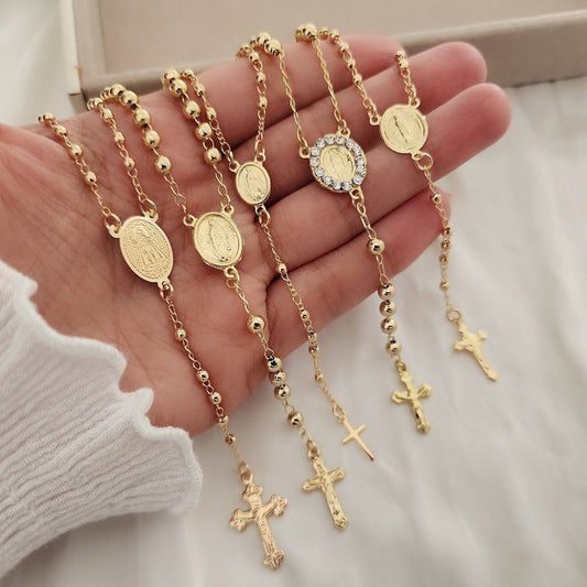 18k Gold Filled Rosary Necklace, Gold Cross Necklace for Layering, Custom Rosary Jewelry, Personalized Religious Gift, Dainty Necklace